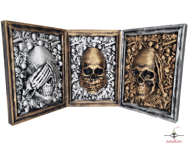 Three Wise Men Skull Wall Art 3d Printed SET OF 3 Framed skull See No Evil, Hear No Evil, Speak No Evil image 2