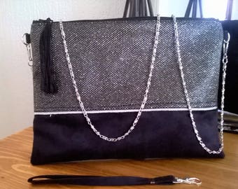 Grande pochette,sac simili cuir,  suédine noir, cadeau fêtes des mères, accessoire femme, cadeau