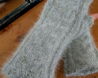 Light gray ANGORA MITTENS knitted by hand with cables