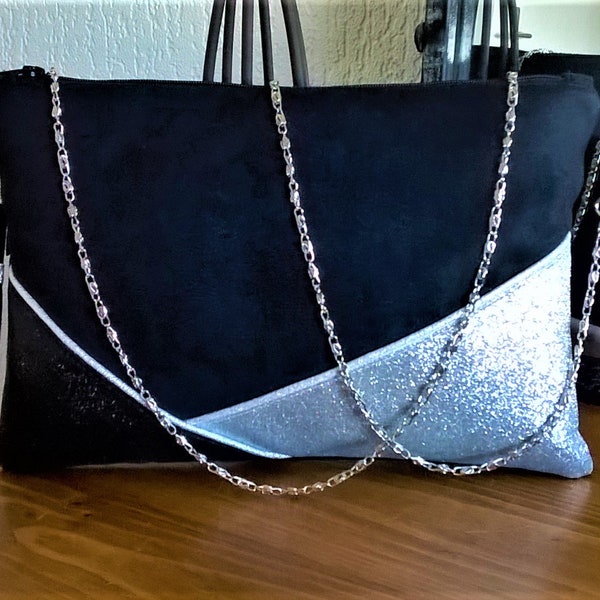 Grande pochette noire,  tissus pailletés argent et noir ,cadeau femme, accessoire femme