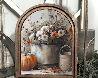 Autumn Sign Harvest Arched Wall Decor | Fall Rustic Wall Art | Thanksgiving Hostess Gift | Wooden Frame | Farmhouse Fall Decor