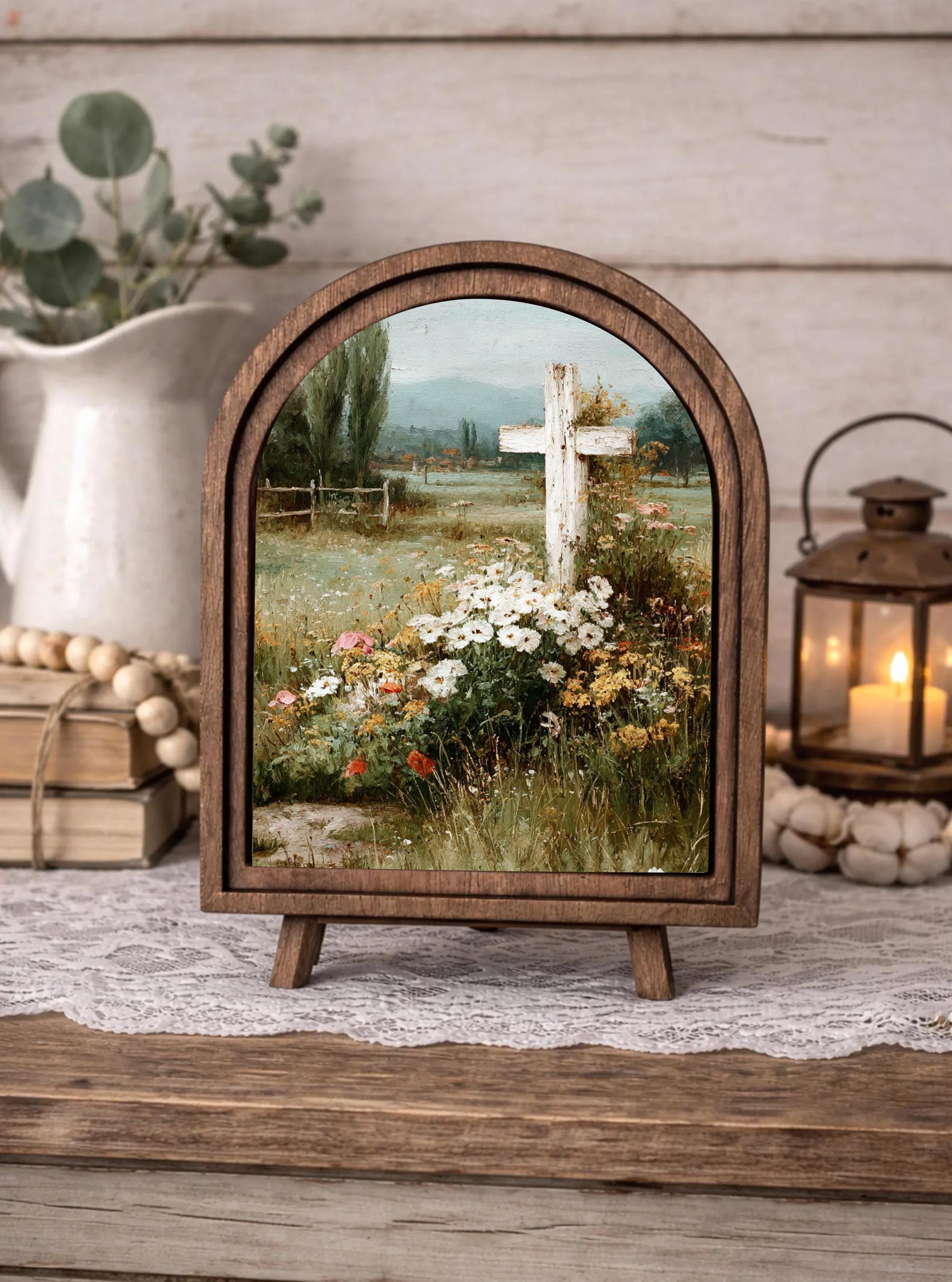 Rustic Wood Framed Cross Wall Art – Christian Wildflower Landscape