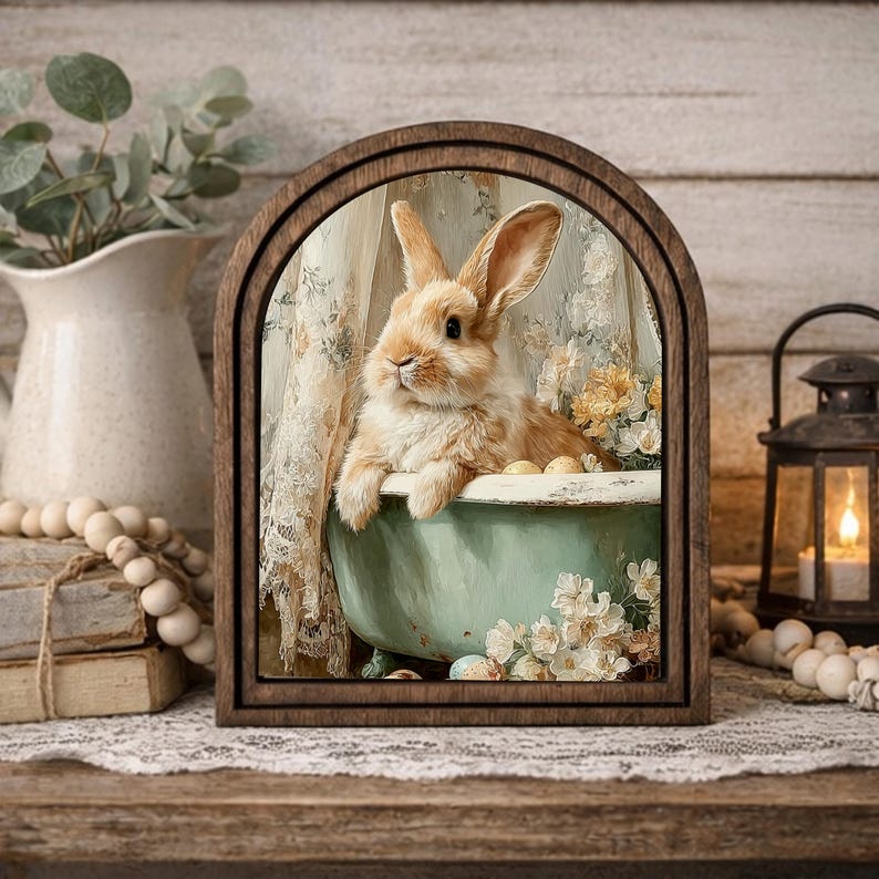 Vintage Farmhouse Easter Bunny Wall Art, Wood Framed Canvas Print ...