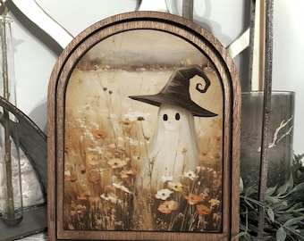Halloween Mini Ghost Sign, Cute Ghost Witch Farmhouse Decor, Rustic Ghost Sign, Boho Halloween Autumn Accent