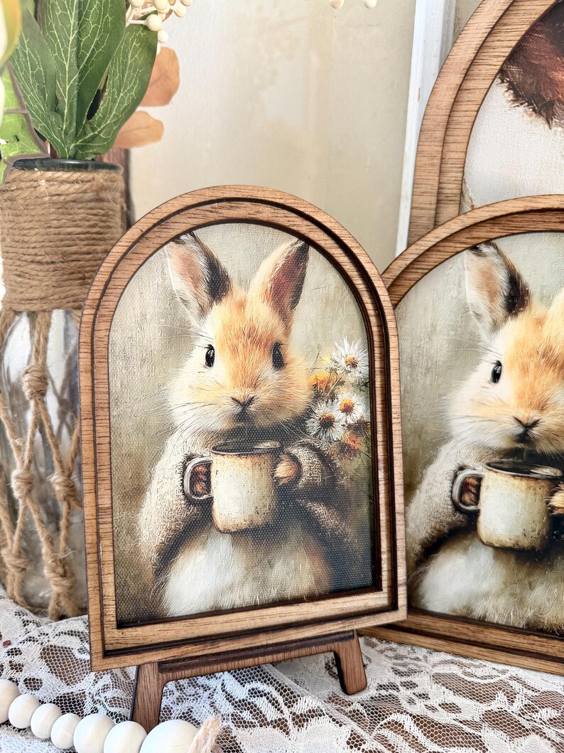 Rustic Bunny wood framed Canvas Sign | Arched Wood Frame | Farmhouse Spring Decor | Easter Coffee Shelf Sitter | image 10