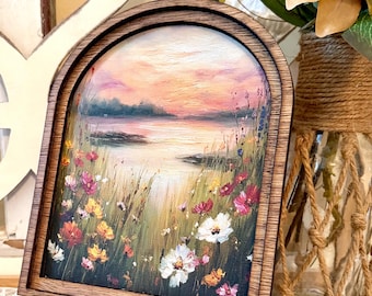 Arched Wood Framed Canvas Art, Wildflower Landscape Sunset Painting, Rustic Farmhouse Home Accent, Nature Wall Decor