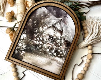Country Cottage Arch Sign | Wood Framed Mini Framed Canvas Sign | Small home accent