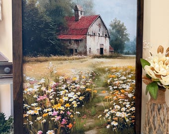 Rustic Barn Canvas Wall Art • Farmhouse Flower Field Print • Vintage Country Barn Decor • Wood Framed Landscape Art