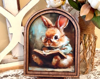 Cute Bunny reading wood framed Arch shelf Sign | Farmhouse Spring Decor | Easter Shelf Sitter |