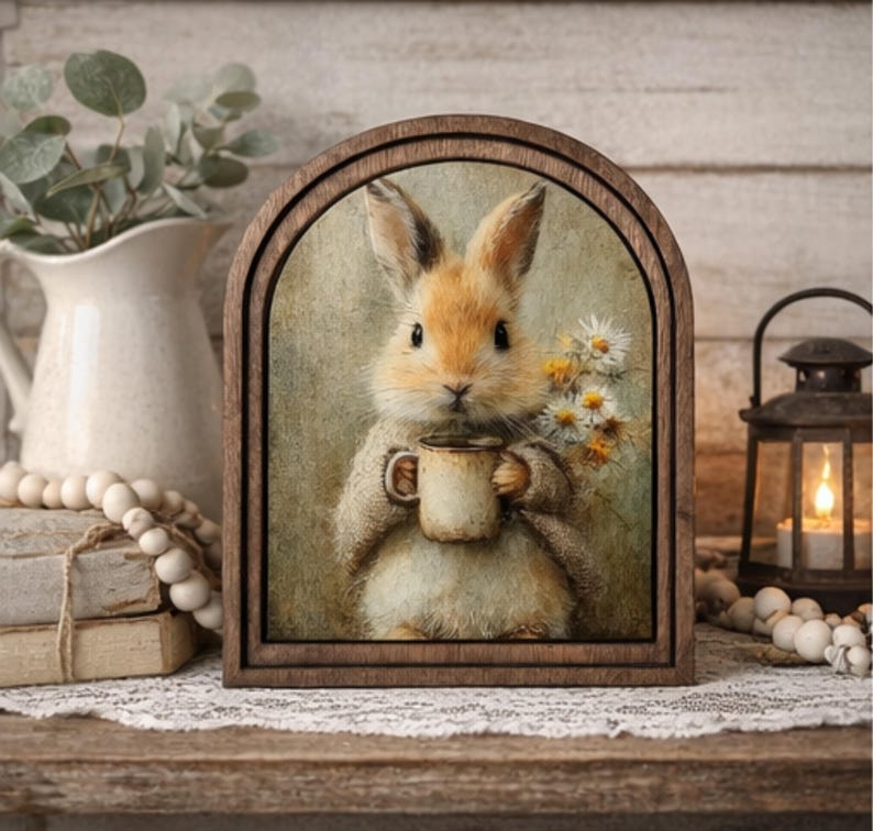 May include: A framed print featuring a charming bunny holding a mug and a bouquet of flowers. The bunny has light brown fur and is set against a soft, neutral background. The frame is made of dark wood, adding a rustic touch to the artwork. The overall theme is cozy and pastoral.