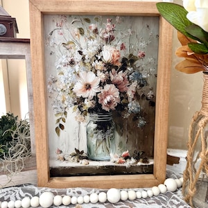 Cuadro decorativo floral en tarro de cristal, cartel de lienzo con marco de madera, decoración de pared estilo cottagecore, estampado floral vintage, decoración floral de estilo rústico.