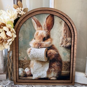 Vintage Farmhouse Easter Bunny Wall Art, Wood Framed Funny Bathroom Print, Rustic Spring Decor, Shabby Chic Animal Bathroom Art