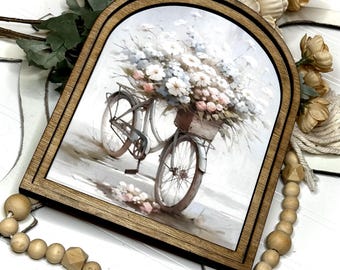 Wood Framed Arch Floral Bicycle Arch Sign | Spring Home Decor Accent for Modern Farmhouse Entryway & Mantle Art
