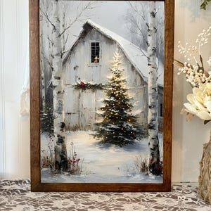Vintage Inspired Wood Framed Canvas Art Print Snowy Winter Barn Scene Christmas Decorative Wall Art Holiday Home Decor