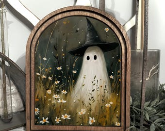 Halloween Arch Table Top Sign, Cute Ghost Witch Farmhouse Decor, Rustic Ghost Sign, Boho Halloween Autumn Accent