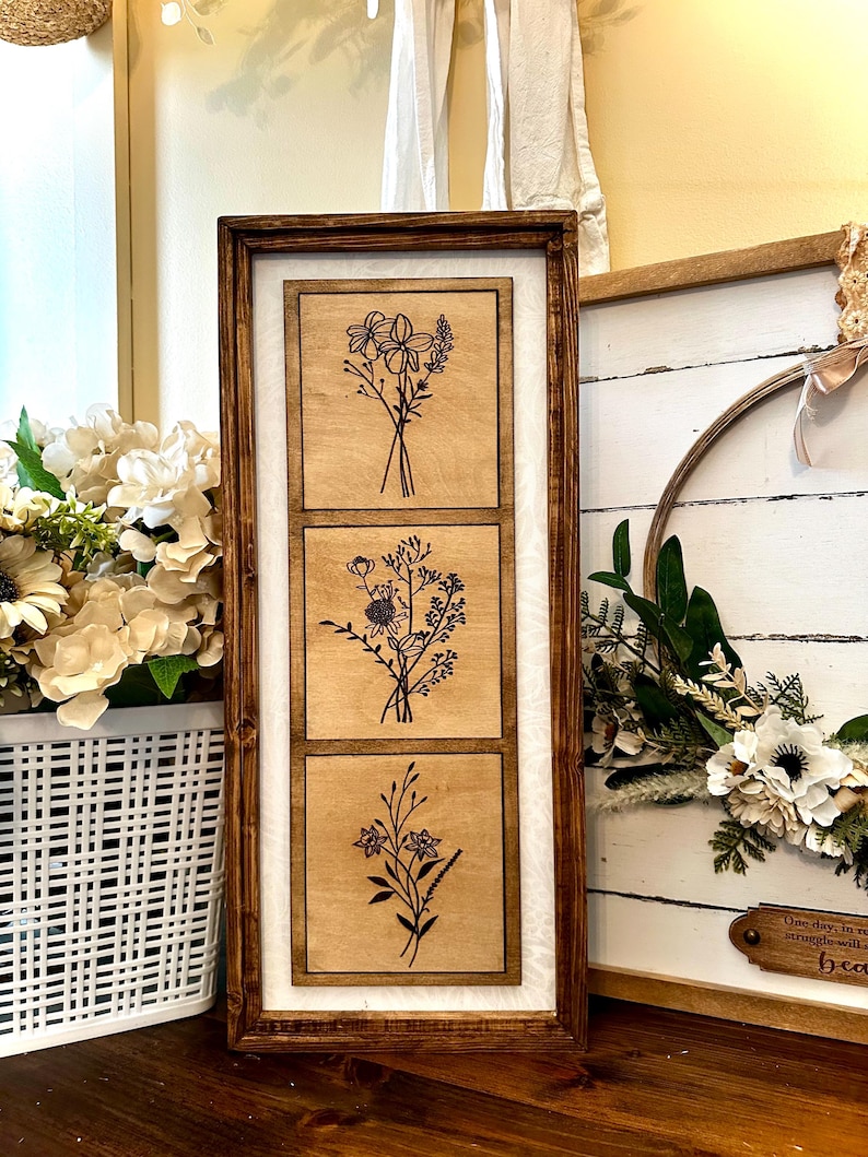 Farmhouse Vintage Floral Wood Framed Wall Decor | Botanical Modern Boho Chic Wall Art for Home Decor Wildflower wood wall plaque
