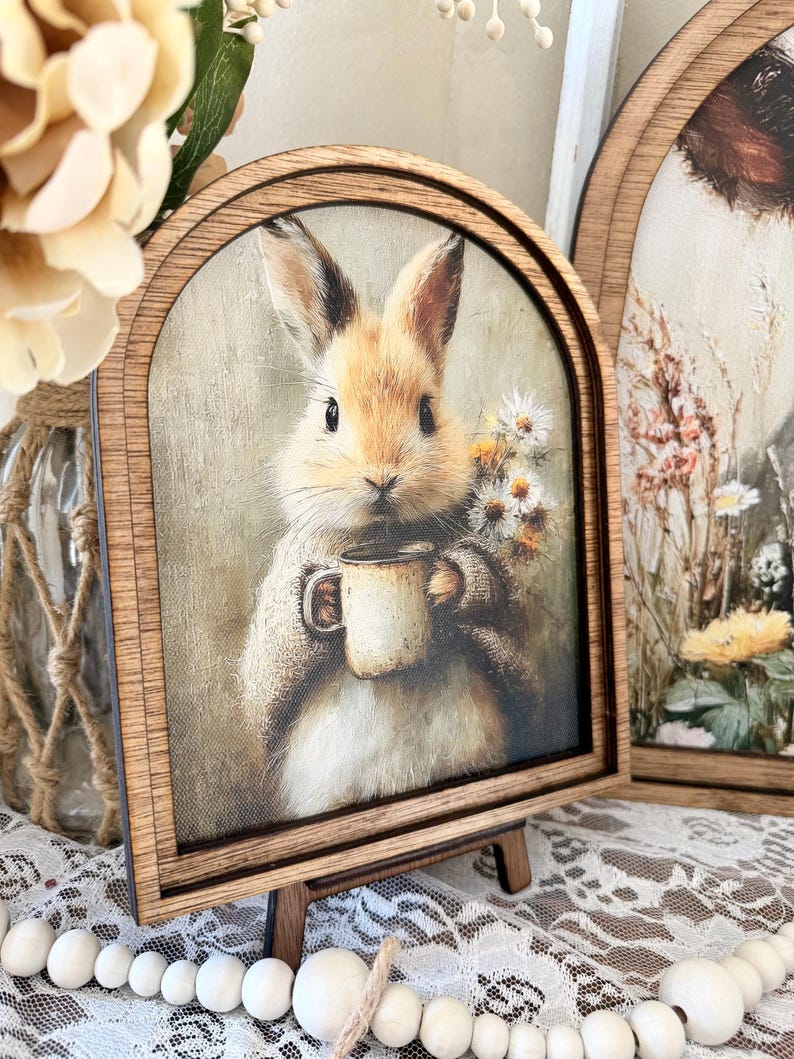 Rustic Bunny wood framed Canvas Sign | Arched Wood Frame | Farmhouse Spring Decor | Easter Coffee Shelf Sitter | image 5