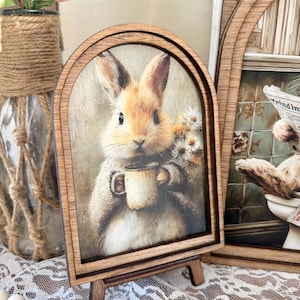 Rustic Bunny wood framed Canvas Sign | Arched Wood Frame | Farmhouse Spring Decor | Easter Coffee Shelf Sitter | image 6