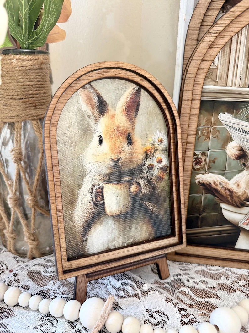 Rustic Bunny wood framed Canvas Sign | Arched Wood Frame | Farmhouse Spring Decor | Easter Coffee Shelf Sitter | image 6