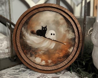 Halloween Mini Round Sign – Ghost & Black Cat Moody Decor for Spooky Home, Trick or Treat Party, Halloween Gift