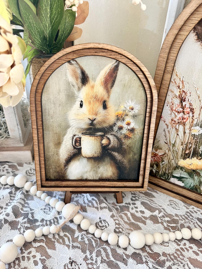 Rustic Bunny wood framed Canvas Sign | Arched Wood Frame | Farmhouse Spring Decor | Easter Coffee Shelf Sitter | image 8