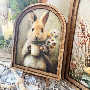 Rustic Bunny wood framed Canvas Sign | Arched Wood Frame | Farmhouse Spring Decor | Easter Coffee Shelf Sitter | image 3