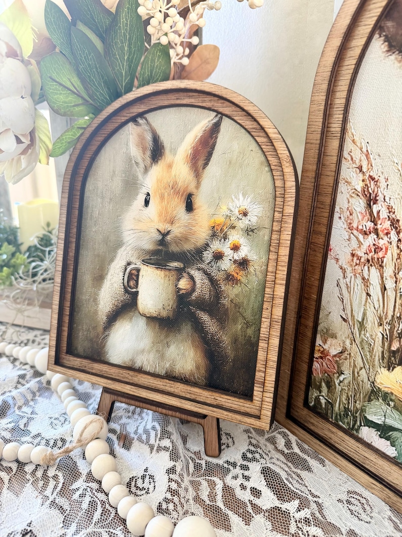Rustic Bunny wood framed Canvas Sign | Arched Wood Frame | Farmhouse Spring Decor | Easter Coffee Shelf Sitter | image 3