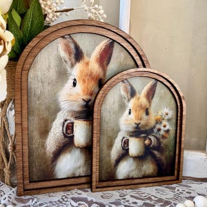 Rustic Bunny wood framed Canvas Sign | Arched Wood Frame | Farmhouse Spring Decor | Easter Coffee Shelf Sitter | image 2