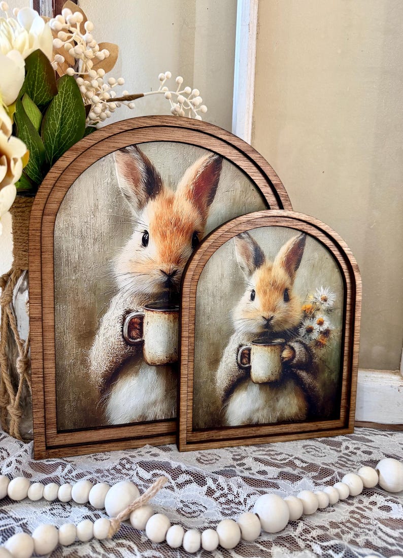 Rustic Bunny wood framed Canvas Sign | Arched Wood Frame | Farmhouse Spring Decor | Easter Coffee Shelf Sitter | image 2