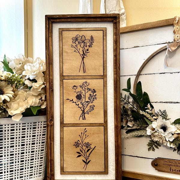 Väggdekor i lantlig vintagestil med blommigt trä i inramad trä | Botanisk modern bohemisk chic väggkonst för heminredning väggplakett i trä med vildblommor