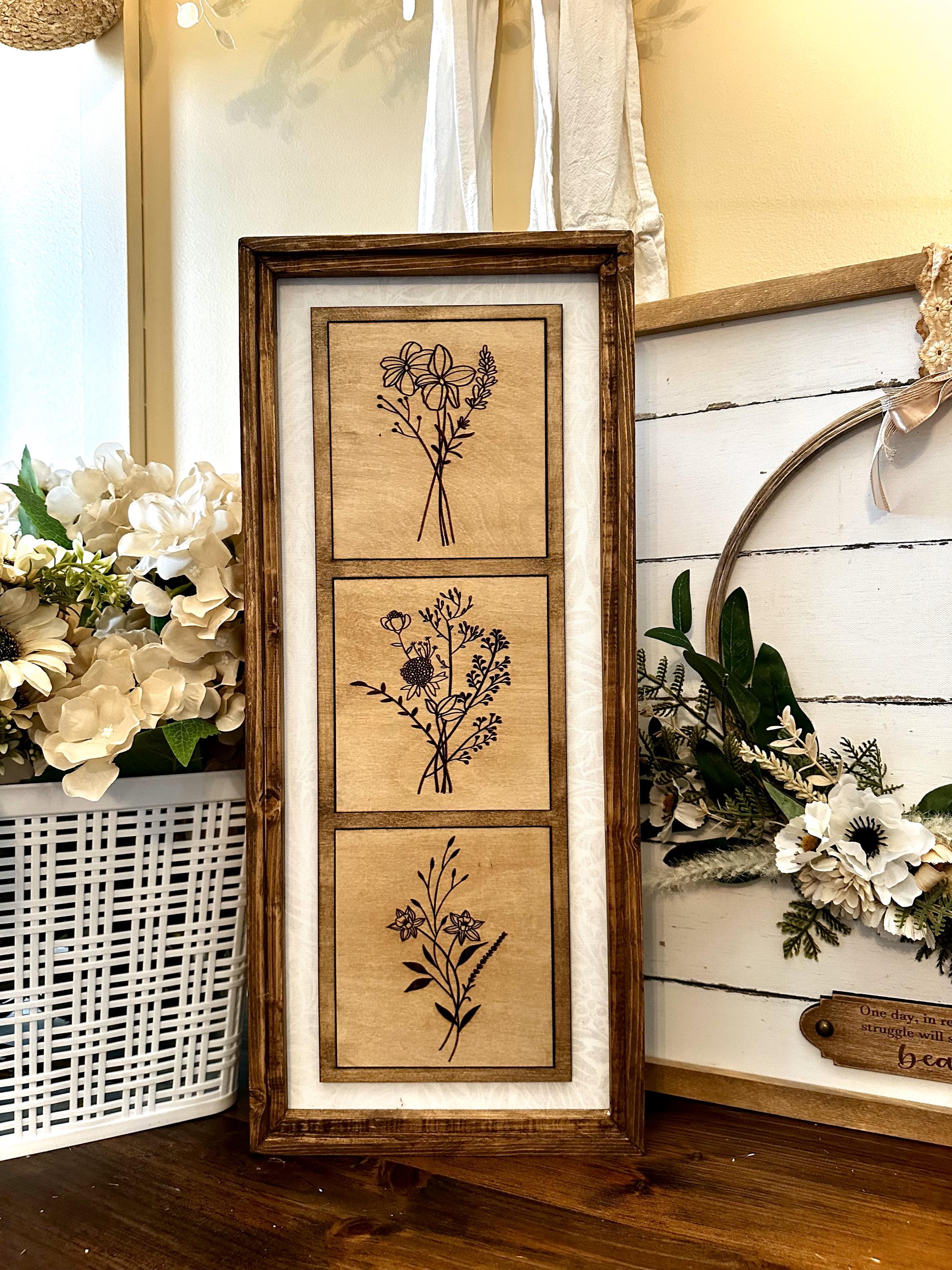 Farmhouse Vintage Floral Wood Framed Wall Decor | Botanical Modern Boho Chic Wall Art for Home Decor Wildflower wood wall plaque