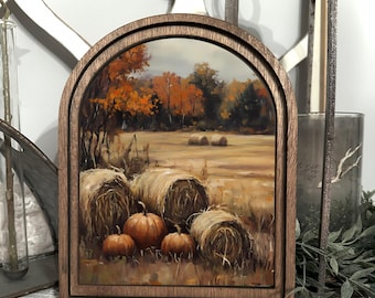 Stampa su tela ad arco in stile rustico autunnale, decorazione murale con campi autunnali, complemento d'arredo per casa in stile country cottage, piccola insegna in legno ad arco