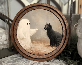 Halloween Mini Round Sign – Cute Ghost & Black Cat Moody Decor for Spooky Home, Trick or Treat Party, Halloween Gift