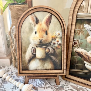 Rustic Bunny wood framed Canvas Sign | Arched Wood Frame | Farmhouse Spring Decor | Easter Coffee Shelf Sitter | image 1