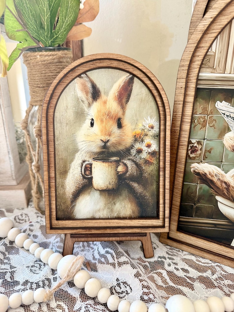 Rustic Bunny wood framed Canvas Sign | Arched Wood Frame | Farmhouse Spring Decor | Easter Coffee Shelf Sitter | image 1
