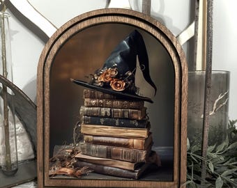 Moody Halloween Witch Hat Canvas Wall Art - Framed Spell Books Print for Spooky Home Decor, Witch Lover Gift