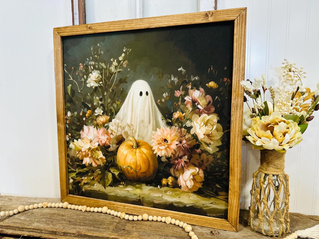 Fall Gost Moody Halloween Ghost Floral Wall Art | Framed Fall Canvas Decor ...