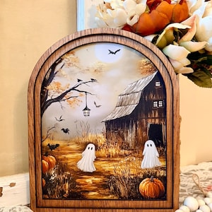 Rustic Halloween Wood Framed Arch Ghost Mini Sign - Spooky Cute Table Top Fall Decor