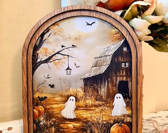 Rustic Halloween Wood Framed Arch Ghost Mini Sign - Spooky Cute Table Top Fall Decor
