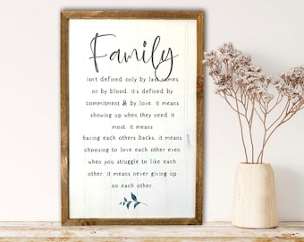 Family isn’t defined by last name or by blood rustic farmhouse sign housewarming gift for family farmhouse inspirational wall art