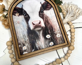 Cow Spring Arch Mini Tabletop Framed Sign | Cute Farmhouse Cow Wood Framed Mantle Decor for Rustic Home Decor