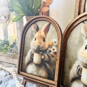 Rustic Bunny wood framed Canvas Sign | Arched Wood Frame | Farmhouse Spring Decor | Easter Coffee Shelf Sitter | image 4