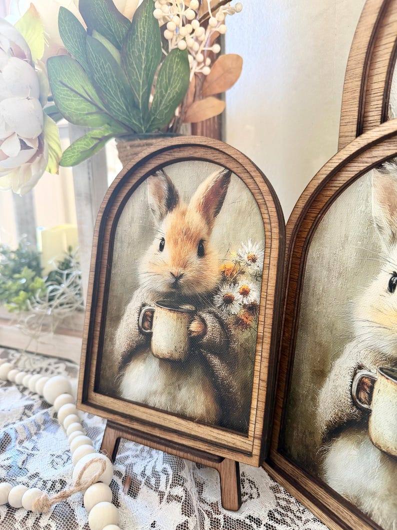 Rustic Bunny wood framed Canvas Sign | Arched Wood Frame | Farmhouse Spring Decor | Easter Coffee Shelf Sitter | image 4