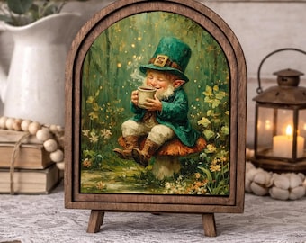Cartello ad arco per il giorno di San Patrizio - Decorazione per fattoria per il giorno di San Patrizio, cartello per bar con trifoglio, simpatica opera d'arte con folletto