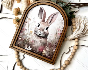 Cute Spring Bunny Arch Tabletop Sign - Wood Framed Canvas art - Easter Bunny Home Accent Decor - Entryway Trendy Easter Decor