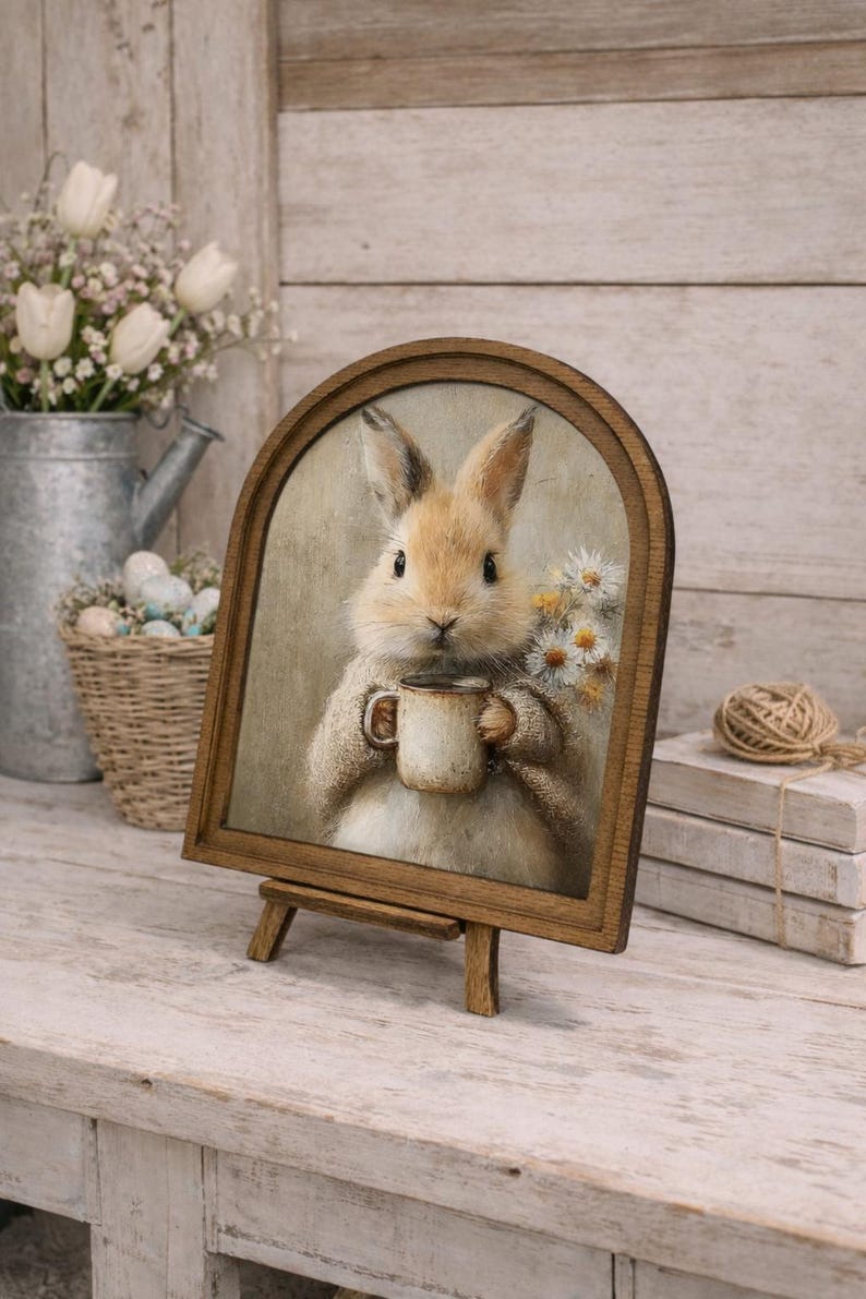 May include: A framed print of a bunny holding a mug, with a bouquet of daisies. The artwork is displayed on a small wooden easel. The frame is arched at the top and made of dark wood. The background is a neutral color.
