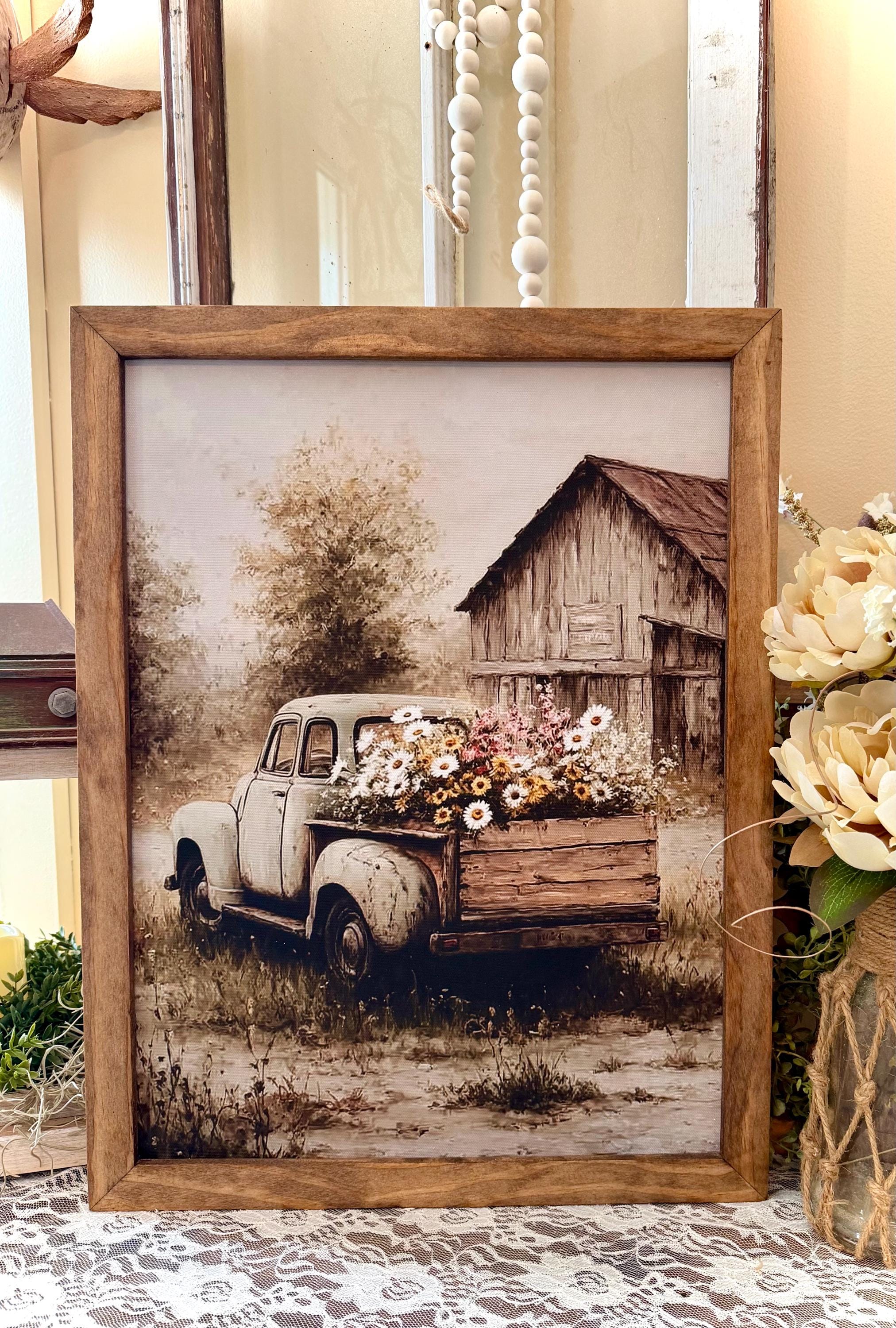 Rustic Farm Truck Canvas Art, Vintage Farmhouse Wall Decor, Wood Framed