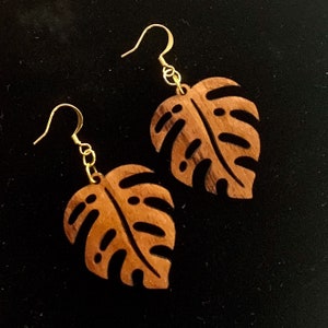 Monstera Hawaiian Curly Koa Wood Earrings with fishhook dangling wire