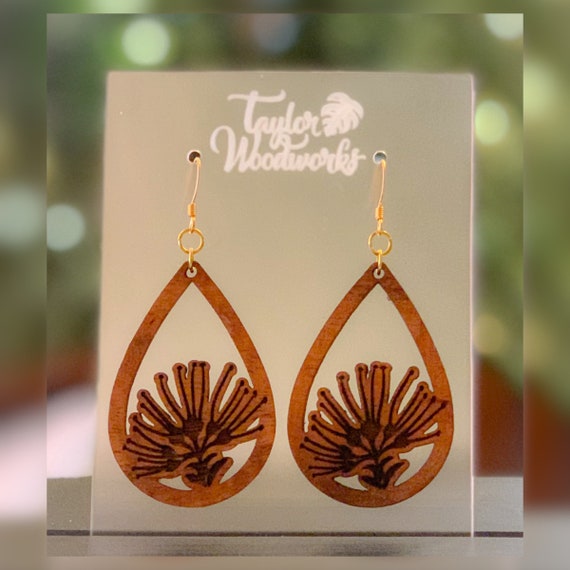 Lehua Flower Koa Earrings Etsy