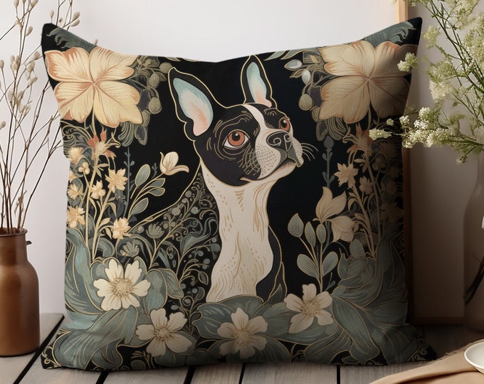 Boston Terrier Pillow Cover - William Morris Style - Faux Suede - Perfect for Boston Terrier Lovers